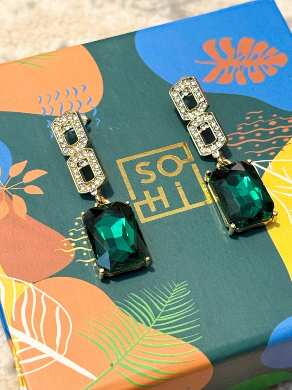 Sohi Women's Green Gold-Tone Embellished Drop Earrings